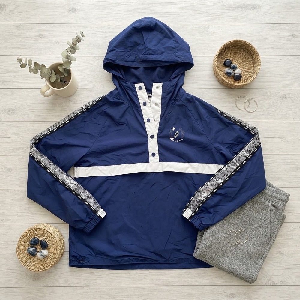 Victorias Secret PINK Sequin Windbreaker Navy Blue White Anorak Jacket M/L